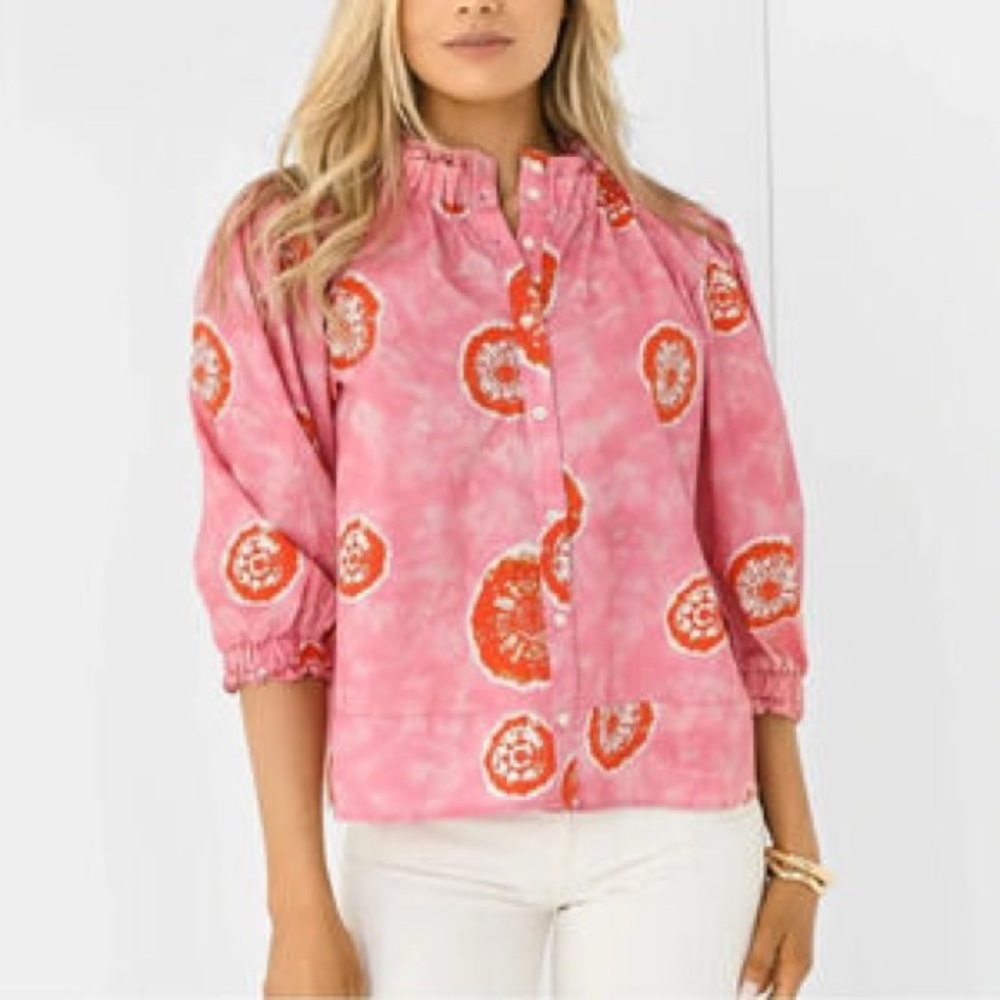 Never A Wallflower Pink Tie Dye Puff Sleeve Ruffle Neck Button Up Top
